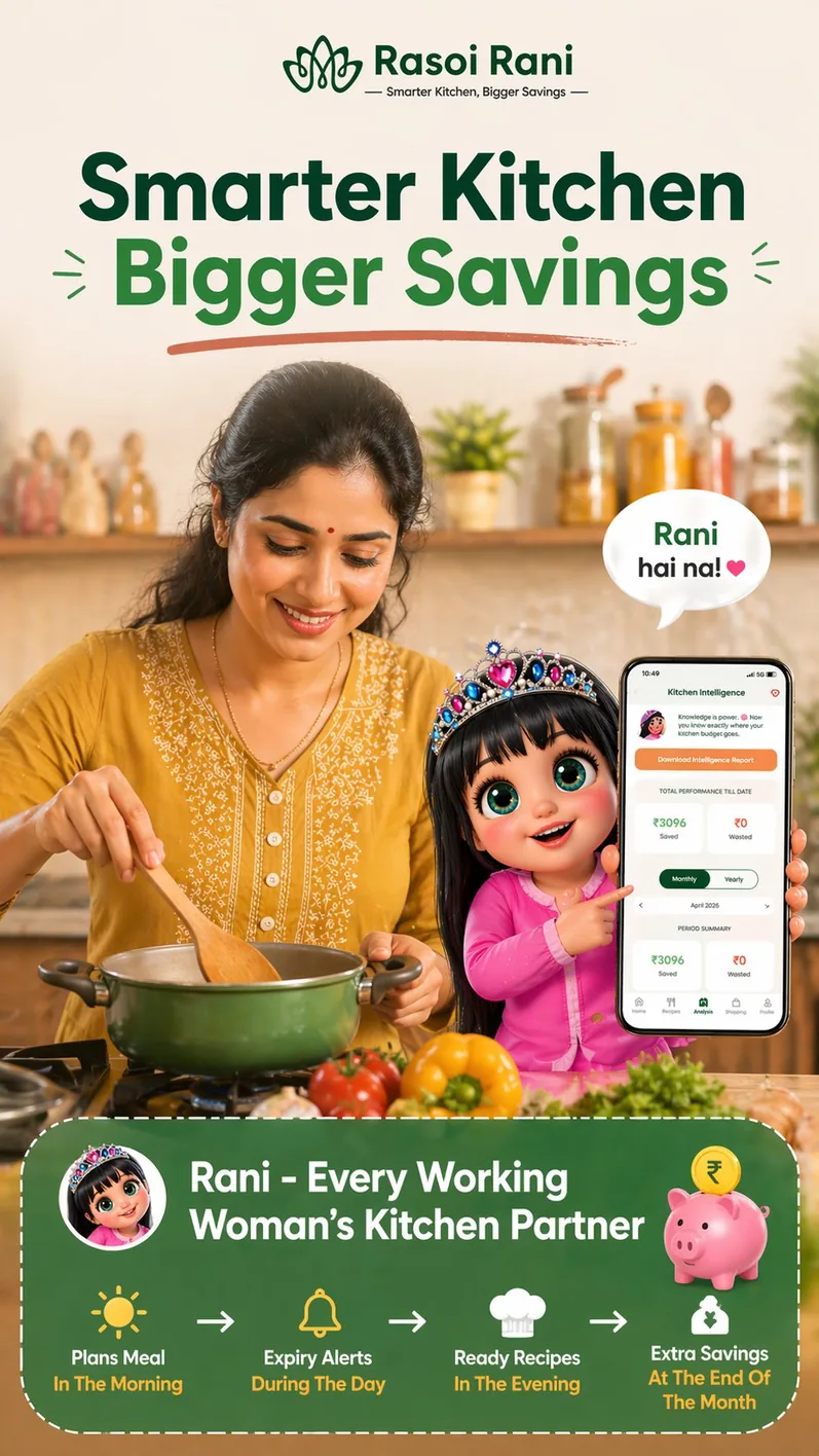 Rasoi Rani — Smarter Kitchen Bigger Savings: Rani plans meals in the morning, sends expiry alerts during the day, suggests recipes in the evening and saves money at the end of the month