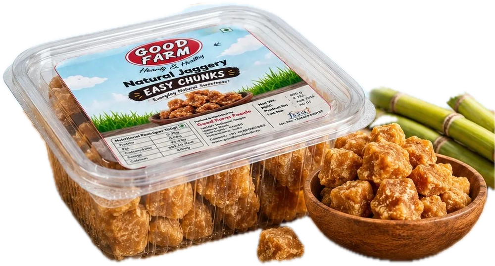 Good Farm Natural Jaggery Easy Chunks, 400 g tub, with a bowl of chunks and sugarcane