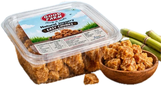 Good Farm Easy Chunks 400 g tub with a wooden bowl of jaggery chunks
