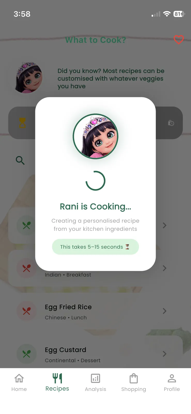 Rani AI suggesting palak paneer recipe from fridge ingredients
