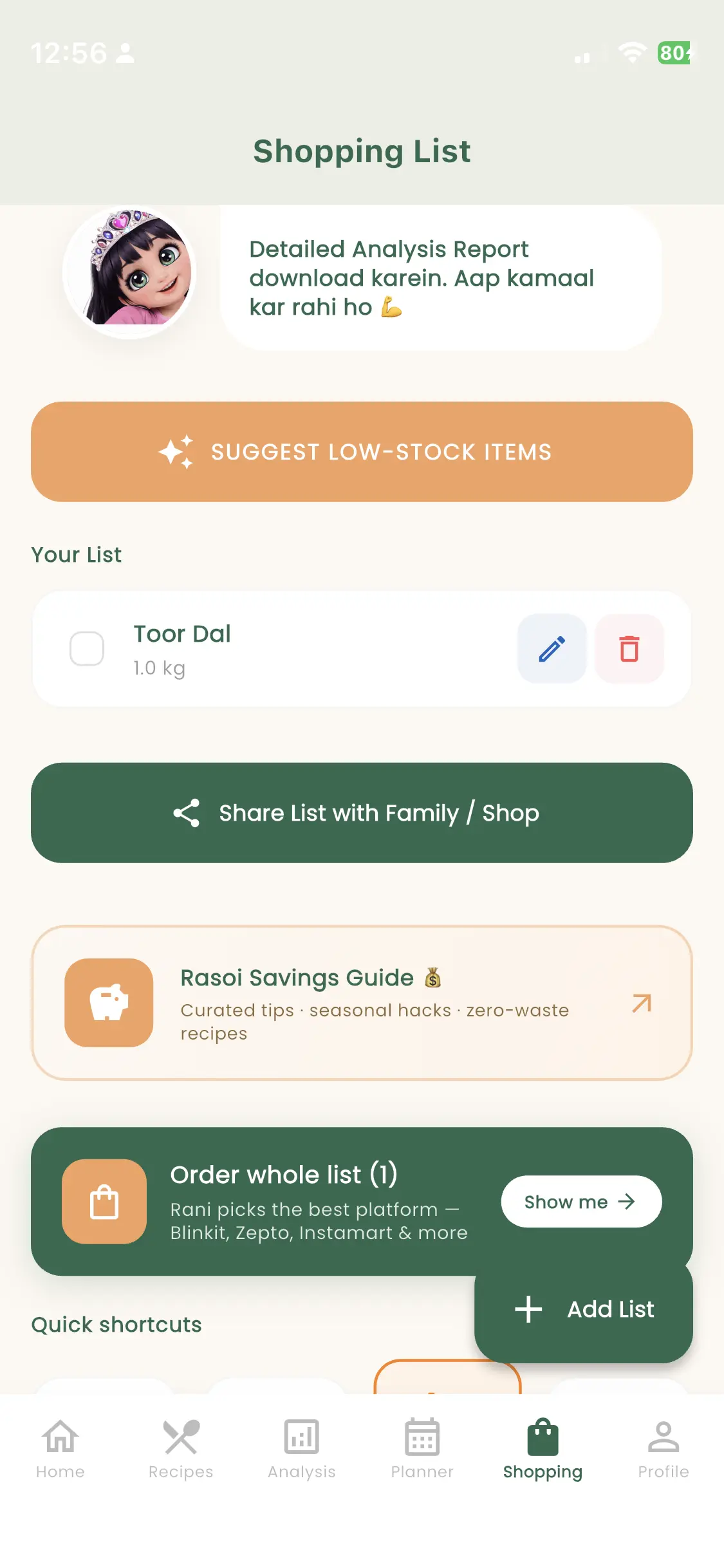 Meal Planner screen showing calendar, menu and weekly meal planning