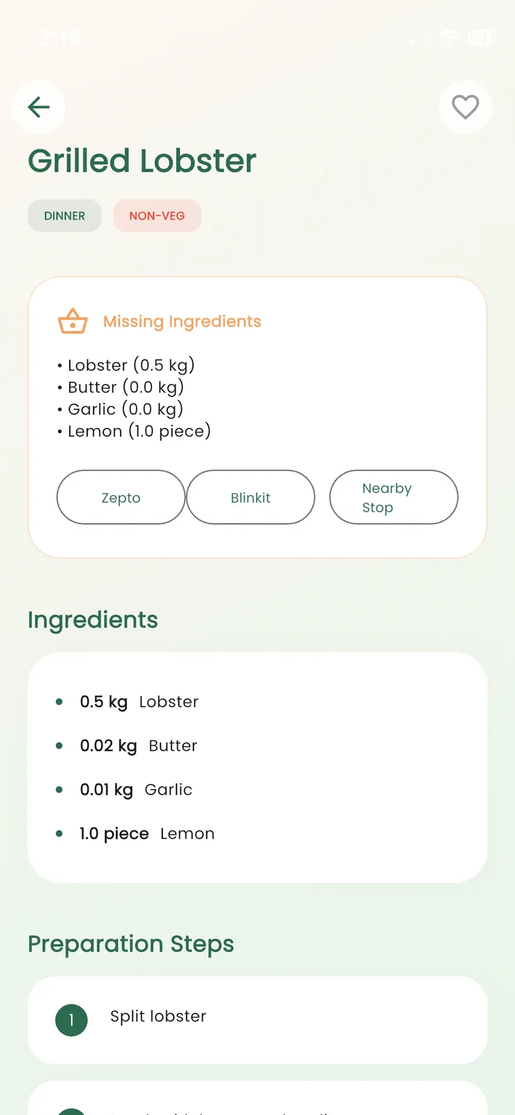 Smart shopping list — auto-generated grocery list shareable via WhatsApp