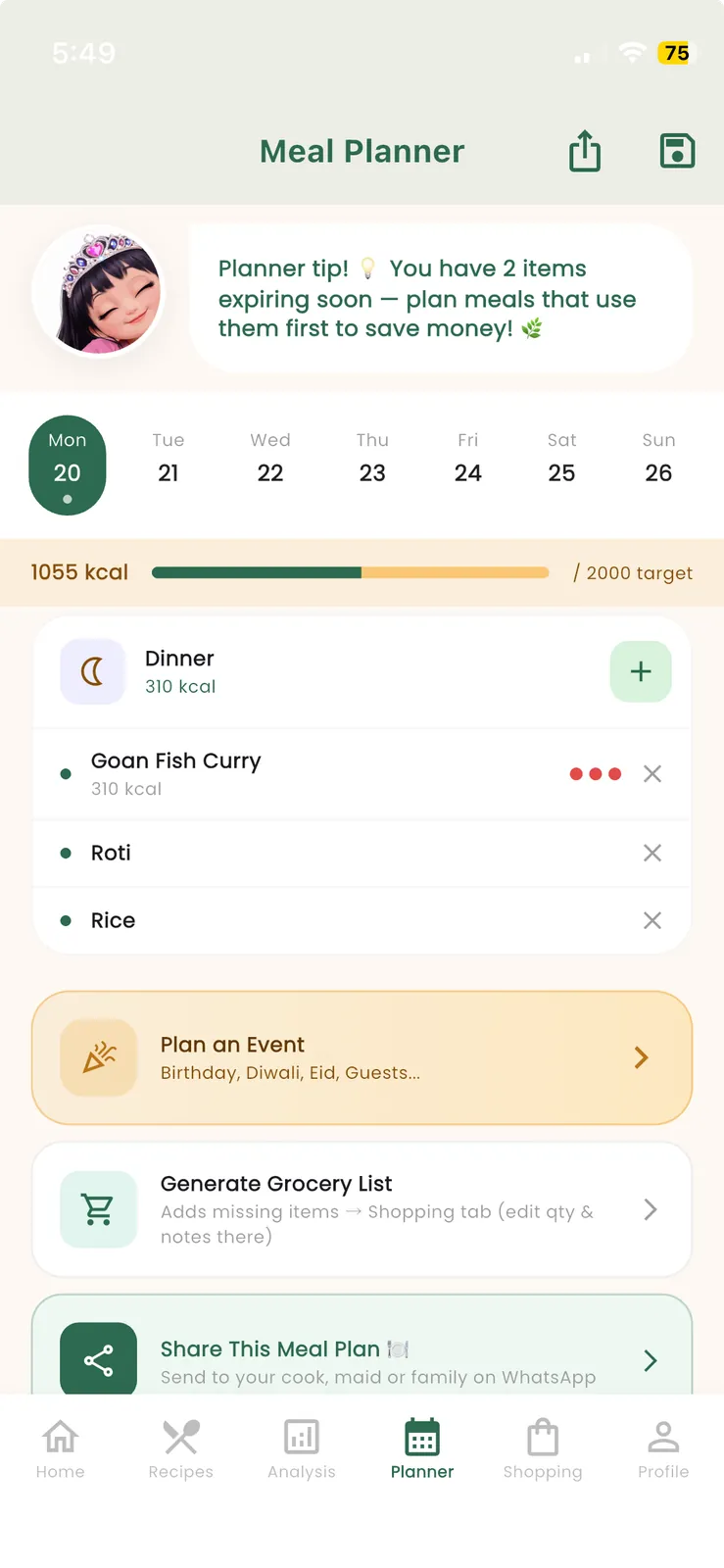 Meal Planner screen showing calendar, menu and weekly meal planning